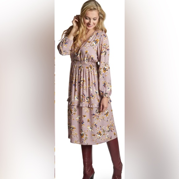Everly Grey Long Sleeved Bump and Nursing Friendly Dress in Mauve Floral - Picture 1 of 4